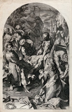 view Christ's body is carried to its tomb; the lamenting women watch. Line engraving by A. Sadeler after F. Barocci.