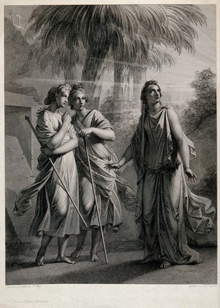 The three holy women stand in light rays outside the tomb of Christ. Engraving by J.F. Leybold after F.H. Füger.