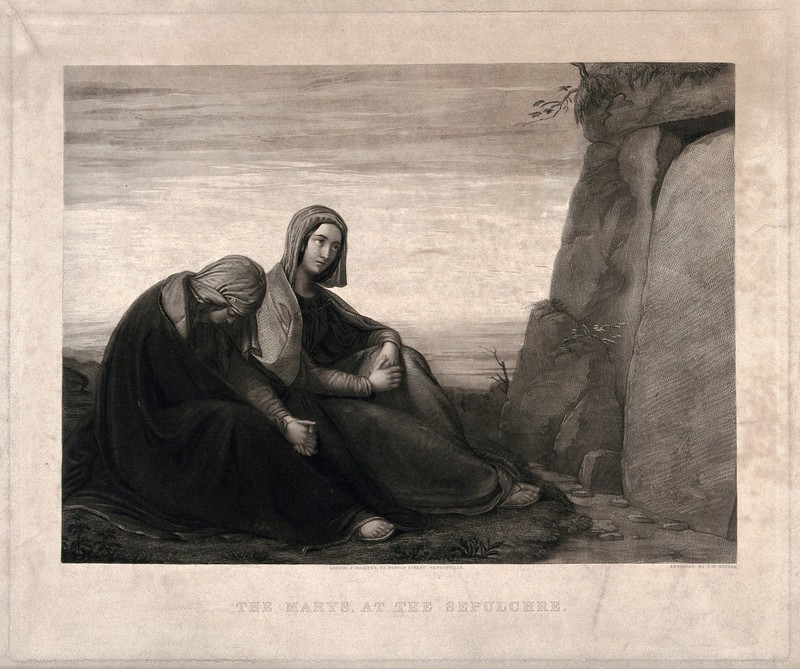 The Virgin Mary and Mary Magdalene sit outside the tomb of Christ. Mezzotint by T.W. Huffam after Ph. Veit., by Philipp Veit