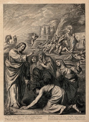 view Christ appears to the holy women after his death. Engraving by G. Huret after himself.