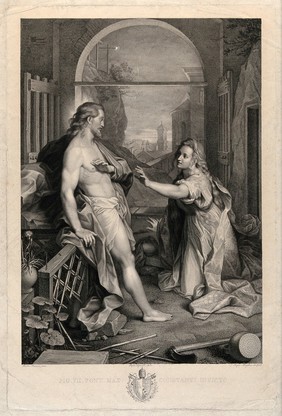 The risen Christ asks Mary Magdalene not to touch him. Engraving by R. Morghen after S. Tofanelli after F. Barocci.