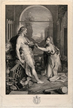 view The risen Christ asks Mary Magdalene not to touch him. Engraving by R. Morghen after S. Tofanelli after F. Barocci.