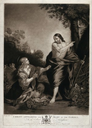 view Saint Mary Magdalene reaches out for the risen Christ; he points away. Mezzotint by J. Murphy after G. Farington, 1781, after P. da Cortona.