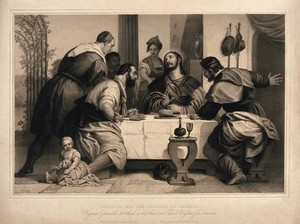 view The risen Christ shares supper with two men at Emmaus. Lithograph by F.S. Hanfstaengl after P. Caliari, il Veronese.