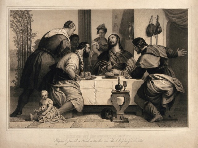 The risen Christ shares supper with two men at Emmaus. Lithograph by F.S. Hanfstaengl after P. Caliari, il Veronese.