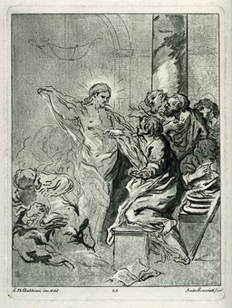 Christ appearing to the apostle Thomas after the Resurrection. Coloured etching by A. Scacciati after A.D. Gabbiani.