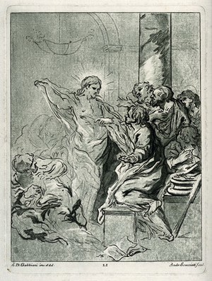 view Christ appearing to the apostle Thomas after the Resurrection. Coloured etching by A. Scacciati after A.D. Gabbiani.