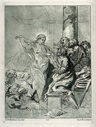 Christ appearing to the apostle Thomas after the Resurrection. Coloured etching by A. Scacciati after A.D. Gabbiani.