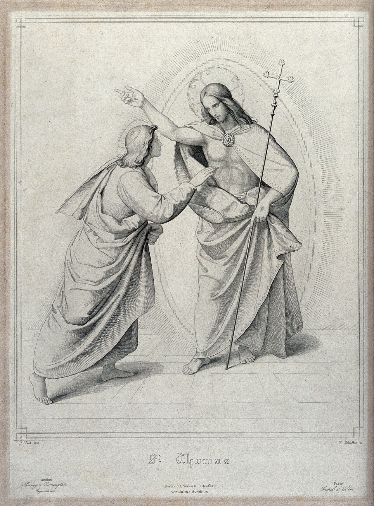 Christ appearing to the apostle Thomas, who touches his stigmata. Engraving by E. Schäffer after P. Veit., by Philipp Veit
