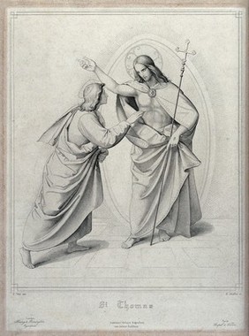 Christ appearing to the apostle Thomas, who touches his stigmata. Engraving by E. Schäffer after P. Veit.