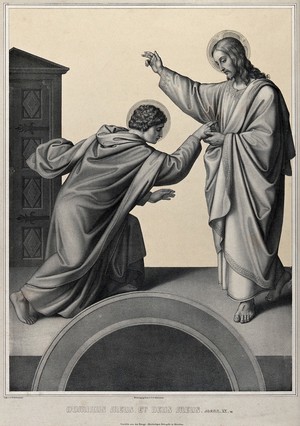 view Saint Thomas puts his finger into Christ's wounded side. Lithograph by J.G. Schreiner.