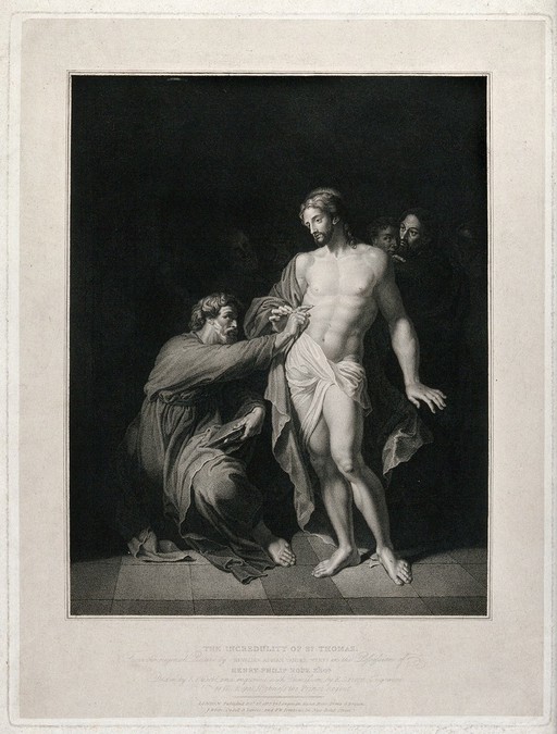 St. Thomas, holding a book, touches Christ's lacerated side. Stipple engraving by E. Scriven after L. Eusebi after A. van der Werff.