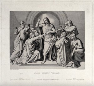 view Christ appearing to the apostle Thomas, who touches his stigmata. Engraving by A. Rordorf, 1850, after J.F. Overbeck.