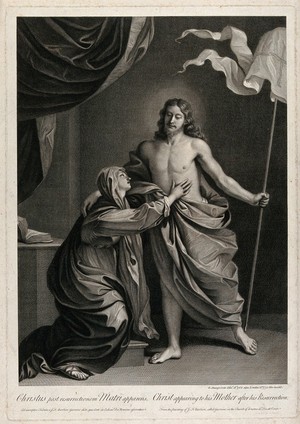 view The risen Christ appears to the Virgin Mary. Line engraving by R. Strange, 1773, after himself, 1764, after G.F. Barbieri, il Guercino.