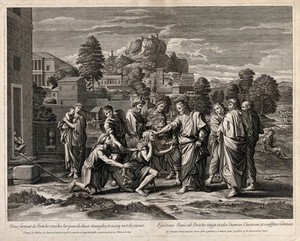 view Christ healing two blind men outside Jericho. Engraving by G. Chasteau after N. Poussin.