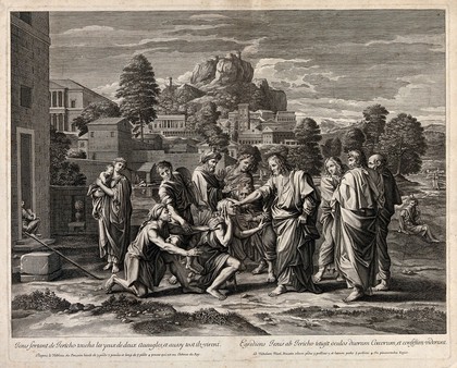 Christ healing two blind men outside Jericho. Engraving by G. Chasteau after N. Poussin.