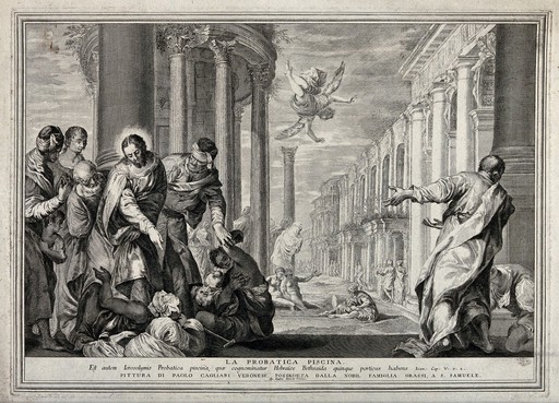 Christ healing the lame at the pool of Bethesda. Etching after P. Caliari, il Veronese.