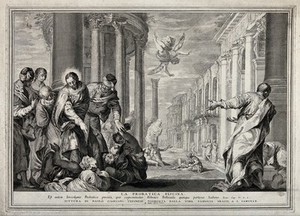 view Christ healing the lame at the pool of Bethesda. Etching after P. Caliari, il Veronese.