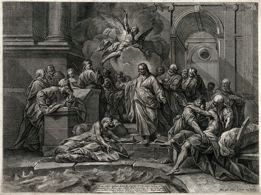 Christ healing the lame at the pool of Bethesda. Etching.