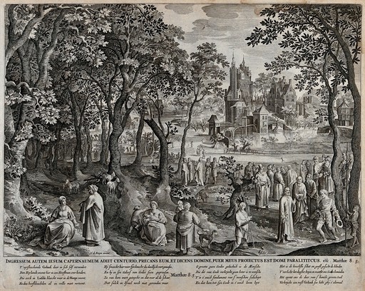 Christ healing a centurion's son. Engraving after N. de Bruyn.