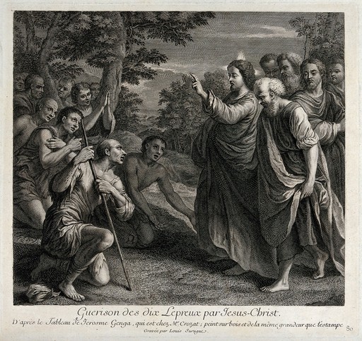 Christ healing the ten lepers. Engraving by Louis Surugue after G. Genga.