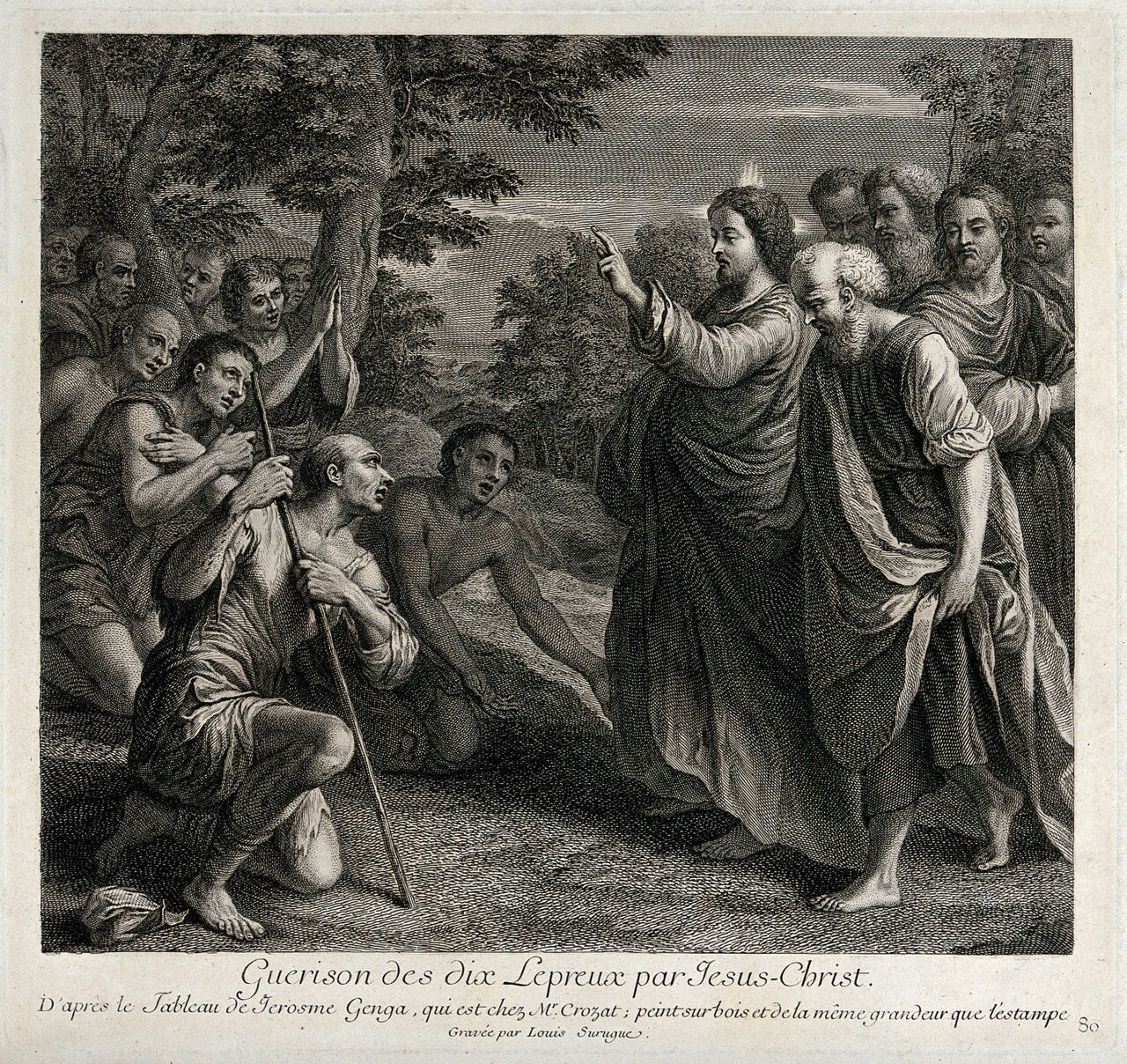 Christ healing the ten people with leprosy. Engraving by Louis Surugue after G. Genga., by Girolamo Genga