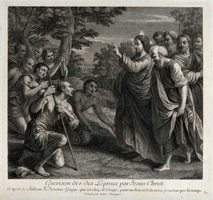 view Christ healing the ten people with leprosy. Engraving by Louis Surugue after G. Genga.