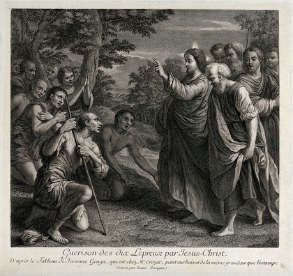 Christ healing the ten people with leprosy. Engraving by Louis Surugue after G. Genga.