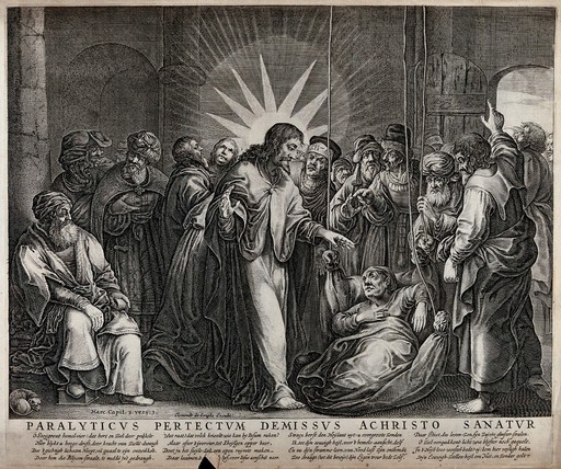 Christ healing the sick at the temple. Engraving.