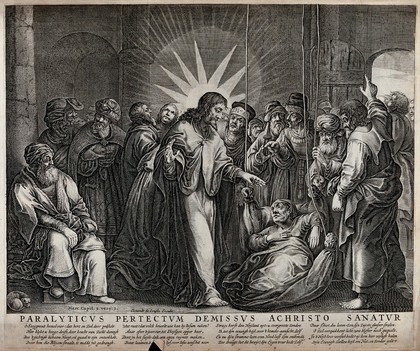 Christ healing a paralysed man lowered from the roof of a house in Capernaum. Engraving.