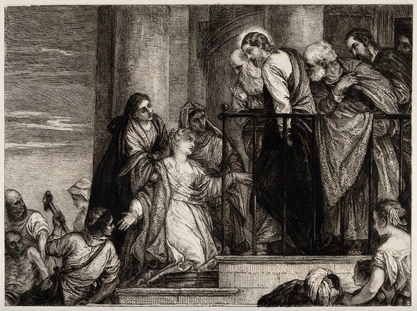Christ raising the daughter of Jairus (Luke 9.41-56). Etching by W. Unger after P. Caliari, il Veronese.
