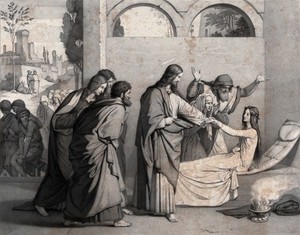 view Christ raising the daughter of Jairus (Luke 9.41-56). Lithograph by P.H. Eichens after E. Steinle.