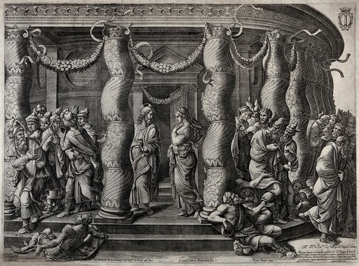Christ healing the sick at the temple. Engraving by Diana Scultori after Giulio Romano.