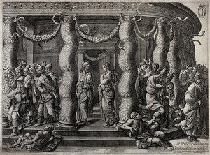 view Christ in the temple with the woman taken in adultery. Engraving by Diana Scultori after Giulio Romano.