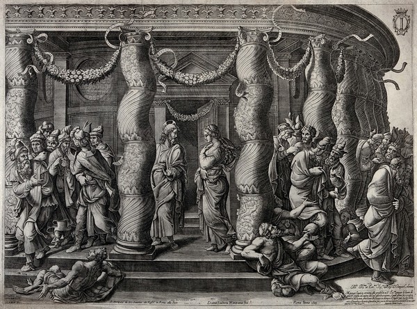 Christ in the temple with the woman taken in adultery. Engraving by Diana Scultori after Giulio Romano.