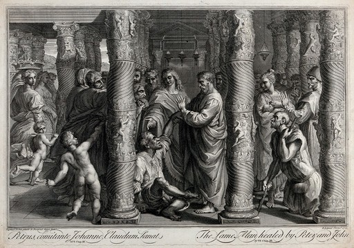 St. Peter and St. John healing the lame at the temple gate. Etching by J.P. Dauphin de Beauvais and B. Lépicié, 1721, after Raphael.