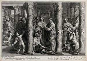 view Saint Peter and Saint John healing the lame at the temple gate. Etching by N.-D. de Beauvais and B. Lépicié, 1721, after Raphael.