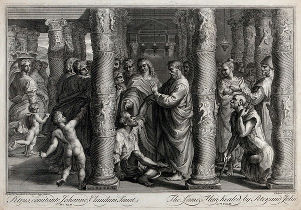 Saint Peter and Saint John healing the lame at the temple gate. Etching by N.-D. de Beauvais and B. Lépicié, 1721, after Raphael.