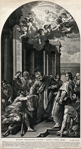 Saint Peter and Saint John healing the lame at the temple gate, above the vision of Christ in heaven. Etching by N. Dorigny, 1691, after L. Cardi, il Cigoli, 1606.