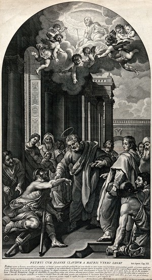 view Saint Peter and Saint John healing the lame at the temple gate, above the vision of Christ in heaven. Etching by N. Dorigny, 1691, after L. Cardi, il Cigoli, 1606.