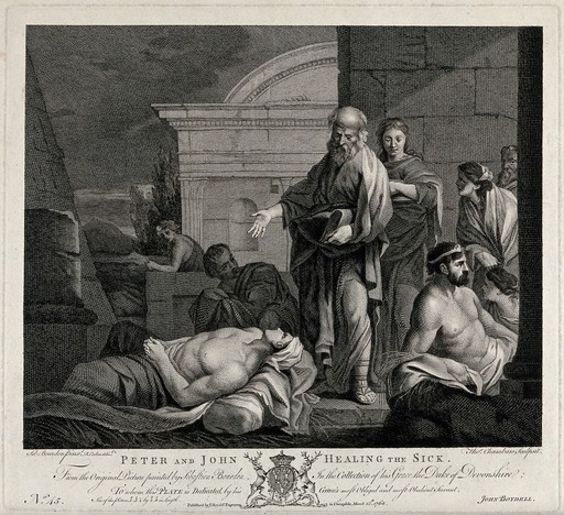 St. Peter and St. John healing the sick. Etching by Thomas Chambars and R. Earlom after S. Bourdon.