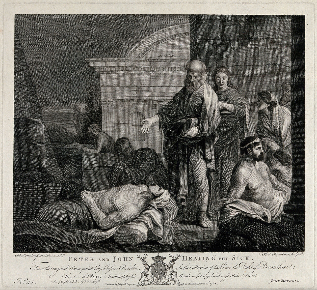 Saint Peter and Saint John healing the sick. Etching by Thomas Chambars and R. Earlom after S. Bourdon., 25 March 1768, by Sébastien Bourdon