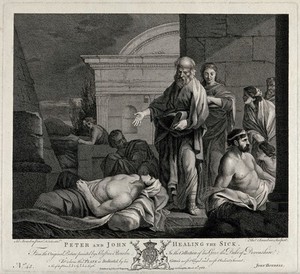 view Saint Peter and Saint John healing the sick. Etching by Thomas Chambars and R. Earlom after S. Bourdon.