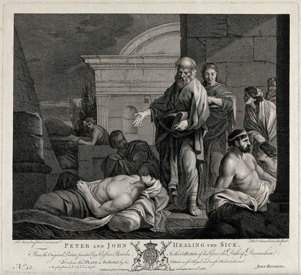 Saint Peter and Saint John healing the sick. Etching by Thomas Chambars and R. Earlom after S. Bourdon.