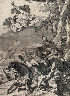 The conversion of Saint Paul. Etching by L. de la Hyre.