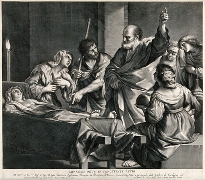 Saint Peter raises Tabitha. Engraving by C. Bloemaert after Guercino.