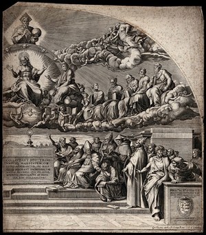 view The 'Disputa', right half. Engraving after Raphael.