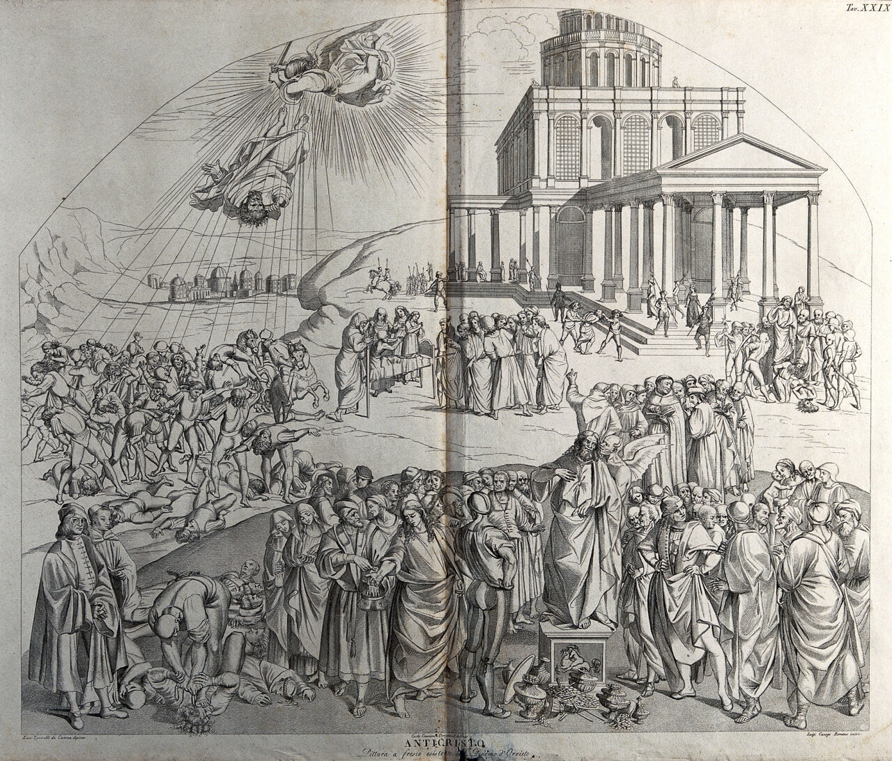 The appearance of the Antichrist. Engraving by L. Cunego and C. Cencioni after L. Signorelli., by Luca Signorelli