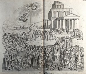 view The appearance of the Antichrist. Engraving by L. Cunego and C. Cencioni after L. Signorelli.