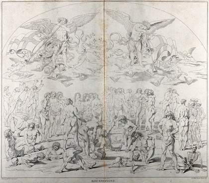 The resurrection of the dead. Etching by G.B. Leonetti after C. Cencioni after L. Signorelli.